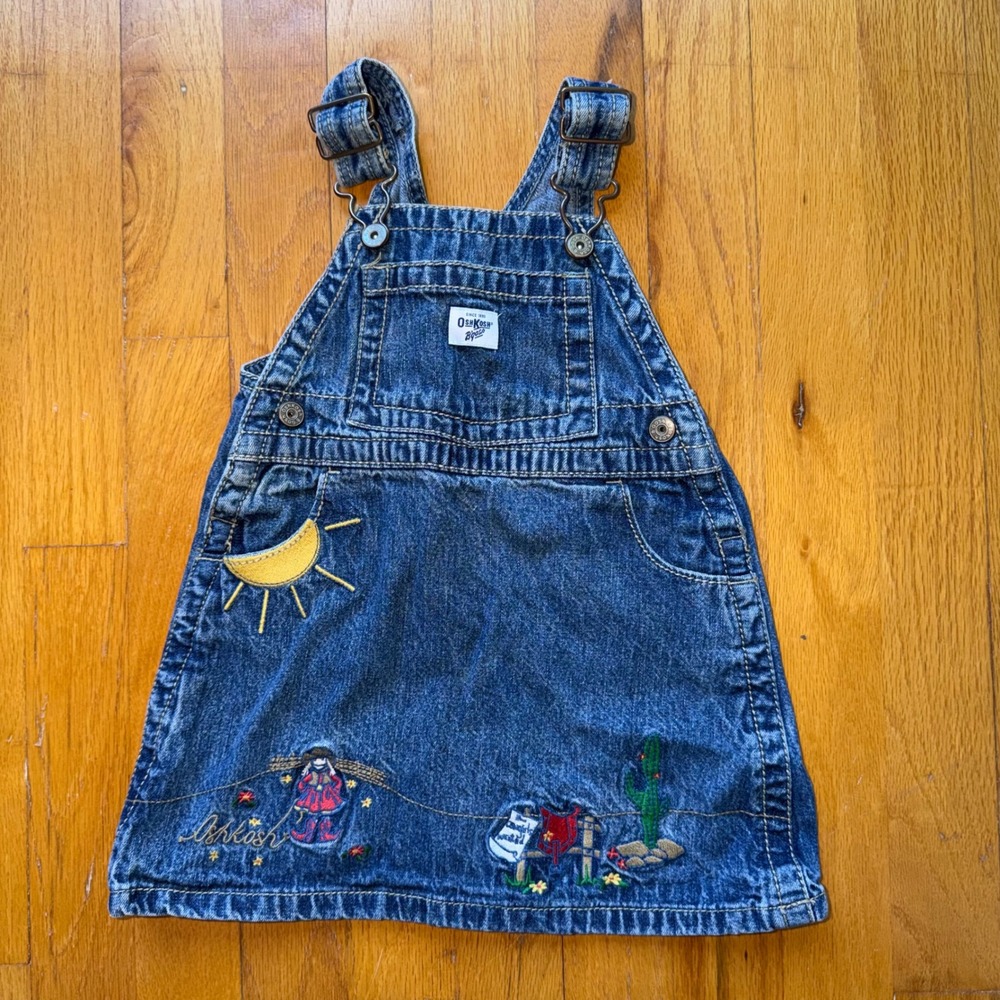 Vintage OshKosh Bgosh Blue Denim Embroidered Western Sun Cactus Jumper Dress 24M